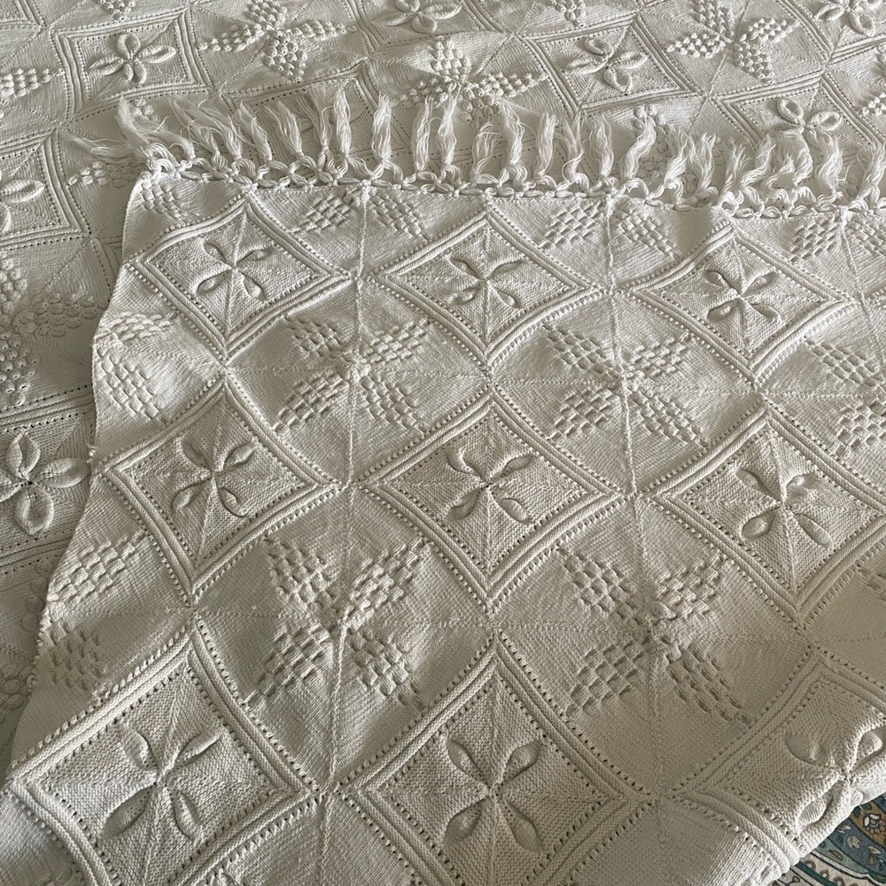 Textured off white Cotton Throw Blanket with Fringe - Classic Neutral Bedding